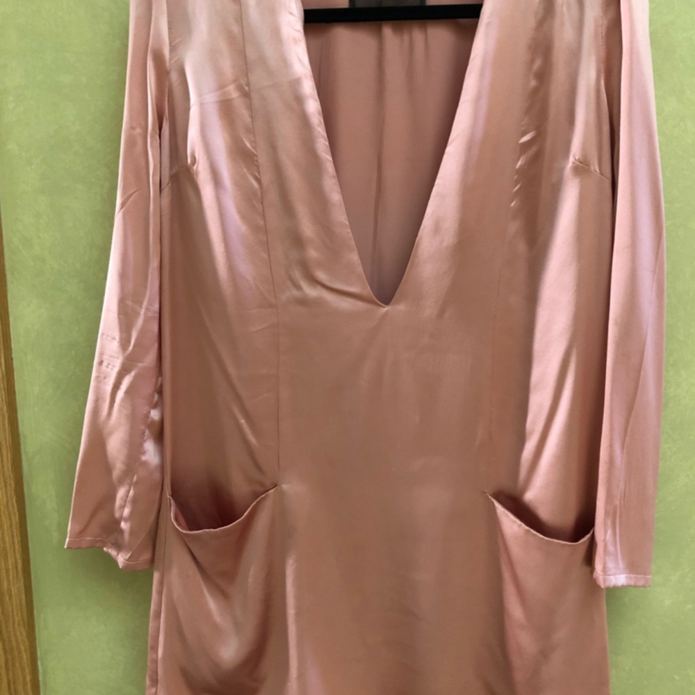 Reformation Pink Silk Long Sleeve V Neck Dress